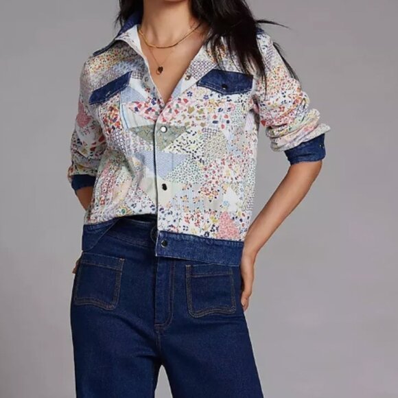 Carleen Floral Blue Motif Denim Trucker Jacket 4 pockets - Picture 2 of 6